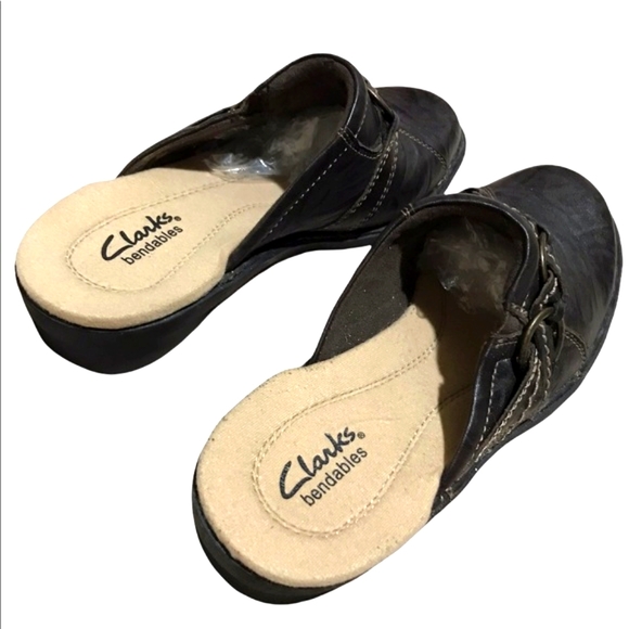 Clarks Bendables Dark Brown Leather Clogs Shoes - Picture 3 of 7